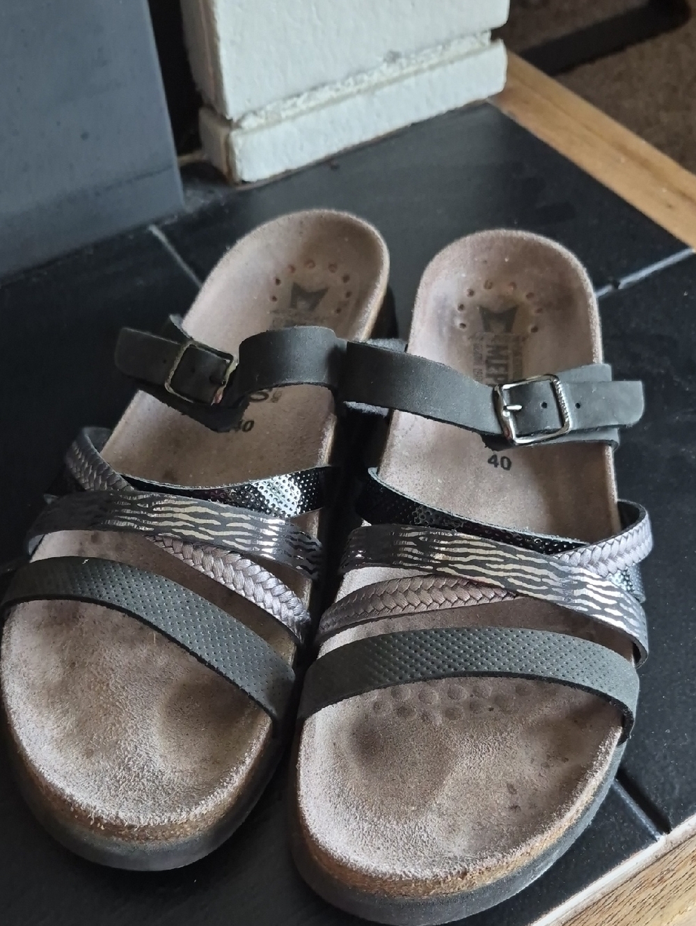 Mephisto Womens Multi-Texture Black And Silver Strappy Sandals, Size 40, Guc